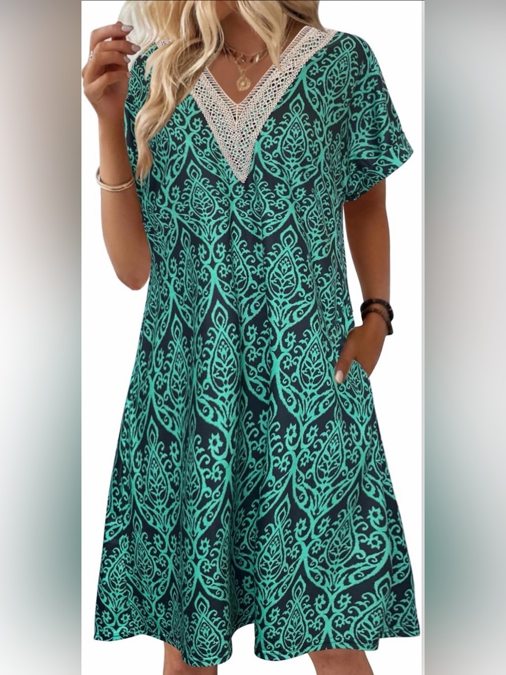 A68 Women’s NWT Cotton lounge nightgown Lace Moo Moo V-Neck Tunic w pockets